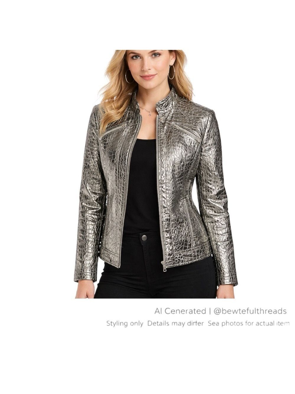 Chico’s Size 2 Silver Metallic Snake Print Moto Jacket | Zip Front